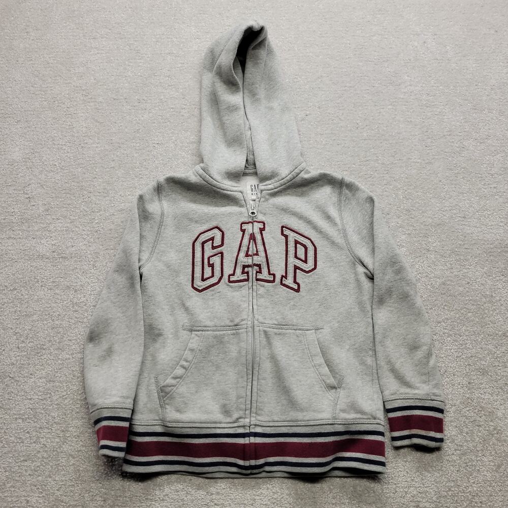 GAP Kids Hoodie Size Small Gray Burgundy Logo Full Zip Striped Spellout